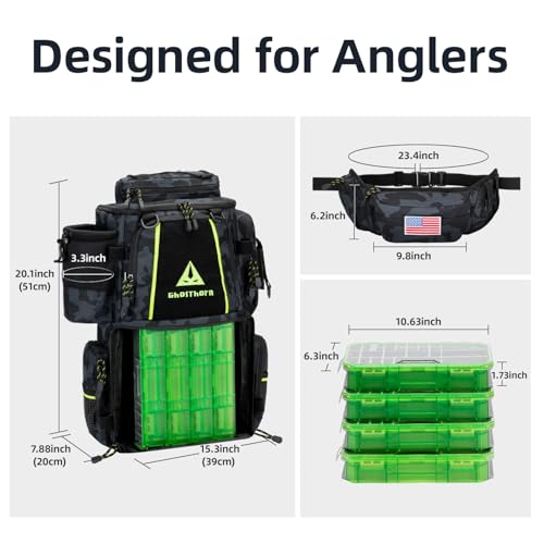 43L Fishing Tackle Backpack with 4 Tackle Boxes & Rod Holder (With 3600*4 Black Camouflage (43l))