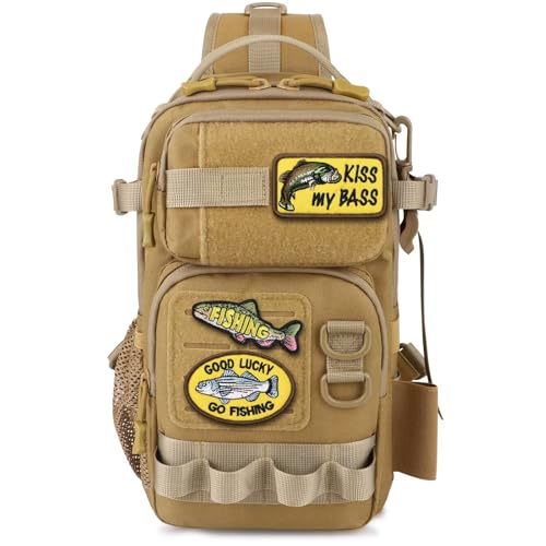 Small Fishing Backpack with Tackle Boxes Fishing Sling Bag DIY Embroidery Patches Tackle Bag Gift for Men Khaki (A: Fishing Tackle Backpack(khaki))