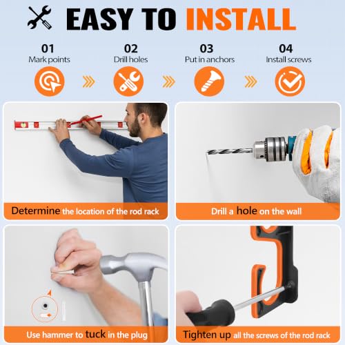 H5P Fishing Rod Holders for Garage Wall (Orange / 2 Pack holds up 10 rods)