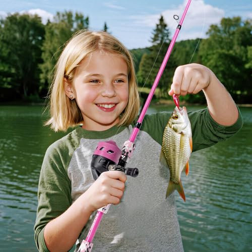 Kids Fishing Pole Set (Pink Pole Set with Folding Stool / 4.9 ft)