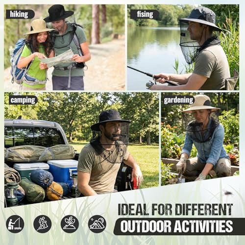 4 Pcs Mosquito Net Hat Sun Hat Mesh Fishing Bucket Cap Garden Bug Cap Face Cover with Zipper for Men Women (Dark Gray, Dark Beige, Deep Brown, Black)