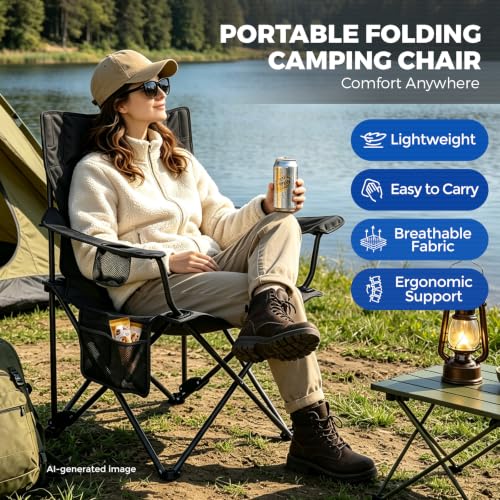 Camping Chairs 2Pack Beach Outdoor Chair for Adults Folding Lawn Chair with Cup Holder (Black)