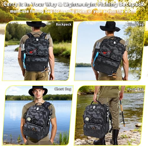 Fishing Backpack with Tackle Boxes and Rod Holder (Black Camo Backpack)