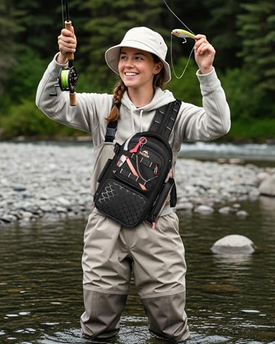 Womens Fishing Sling Bag with Phone Pouch (Black-pink / 14.1 X 8.7 X 5.7 inches)
