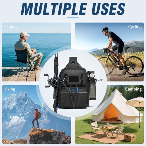 Sling Fishing Tackle Bag with Rod Holder (Black)