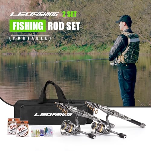 2Pcs Telespoic Fishing Rod and Reel Combos with Spinning Reel and Necessary Lure Accessories Portable Carrier Bag for Saltwater Freshwater