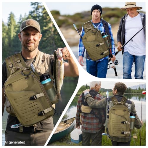 Khaki Tackle Bag with Trays Rod Holder 900D Durable Fishing Tackle Storage Bag for Kayak (Khaki / 900d Water-resistant Oxford Backpack + (3)3600 Trays)