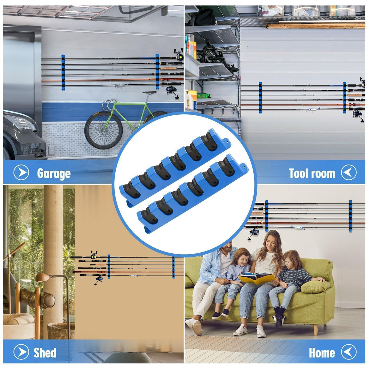 Fishing Rod Holder for Garage (Horizontal Blue, 1 Pair)