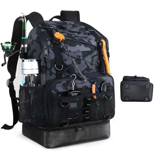 Fishing Backpack with Rod Holder (Black Camo)