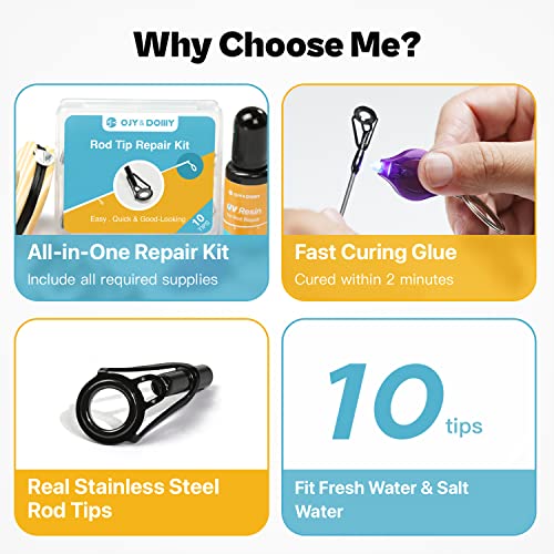 Fishing Rod Tip Repair Kit with Glue (UV-Glue-Kit / 10 Tips)