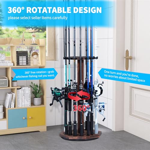 360° Rotating Natural Wood Fishing Rod Holder (Round / Brown)