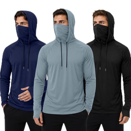 3 Pack Mens Fishing Shirt Sun Protection Hoodie with Face Mask