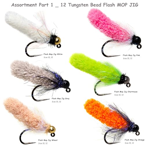 36 Premium Hand Tied Mop Flies Assortment with Waterproof Fly Box (36 Tungsten Mop Flies with Fly Box)
