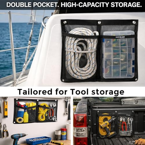 Marine Mesh Double Pocket Boat Gear Storage Bag (Black / Large)