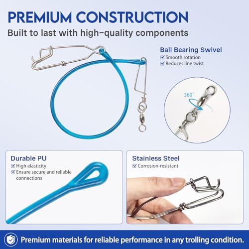 Downrigger Weight Snubber with Ball Bearing Swivel and Snap (18 Inch-4PCS / Blue(W ball bearing & trolling snap))