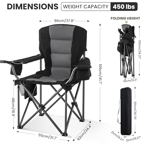 Portable Padded Camping Chair for Adults Heavy Duty 450LBS Thick 600D Oxford Fabric Outdoor Oversized Camping Chairs with Cup Holder and Ice Bag for Sports