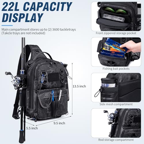 Sling Fishing Tackle Bag with Rod Holder (Black Camo)