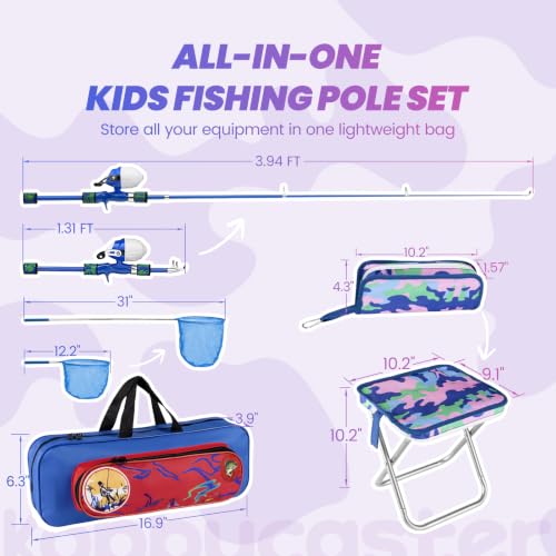Kids Fishing Pole (Blue & Pink / 3.94-ft Set + Chair + Hat)