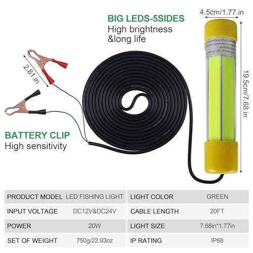 Underwater Fishing Light 20W 16000 Lumens 12V Super Bright LED Submersible Fish Bait Finder Lamp Deep Drop Night Fishing Attracting Light for Snook Crappie Squid Shrimp Prawns Boat Dock (Green)