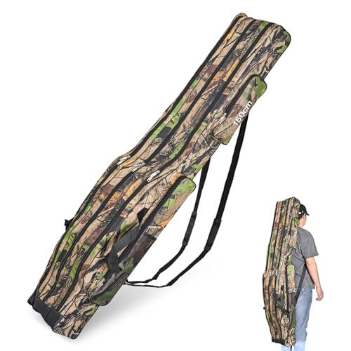 Portable 3 Layers Fishing Pole Bag Durable Oxford Folding Fishing Rod Reel Carry Case Tackle Storage Bag Case Waterproof Camouflage Travel Fishing Carrier