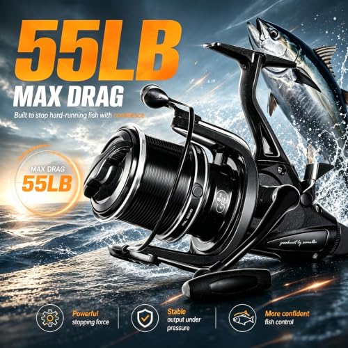 Double Brake Spinning Reel Heavy Duty Metal Body with CNC Machined Spool 55LB Max Drag 6+1 BB Smooth 4.1