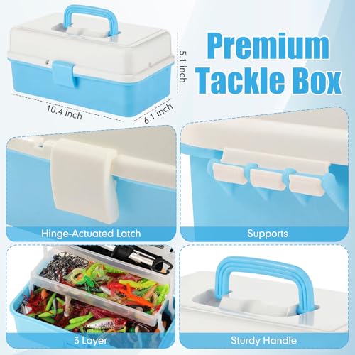 3 Layers Fishing Tackle Box 414 Pcs Fishing Gift Lures Gear Kit with Tackle Included Pliers Lip Gripper Bait Hook Accessories for Beginner Fisherman Women Men (Blue)