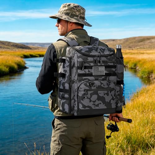 40L Tackle Fishing Backpack with 2 Rod Holders (Black Camo)