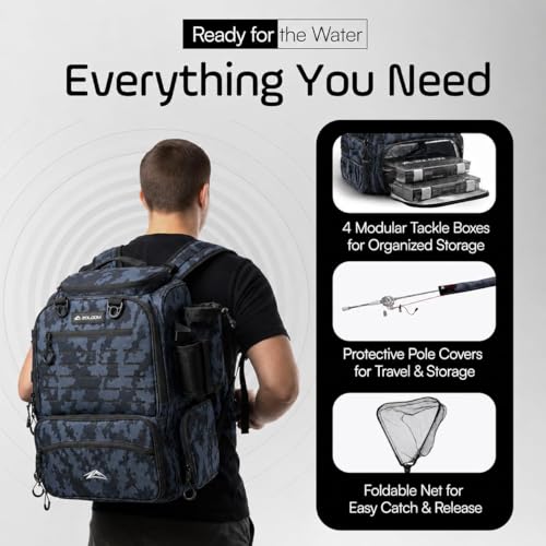 Waterproof Fishing Backpack with Tackle Boxes (Black Camo)