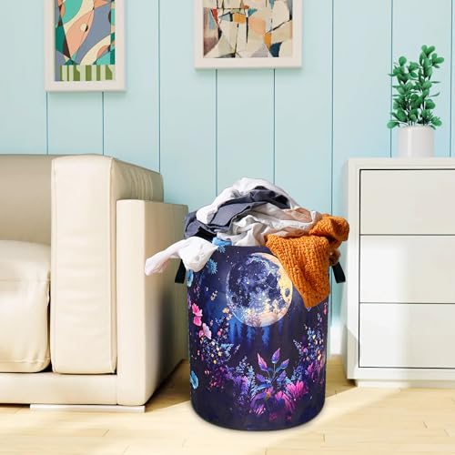 Night Moon Flowers Laundry Basket Foldable Oxford Cloth 18.9 x 16.5 Inch (Moon Flowers)