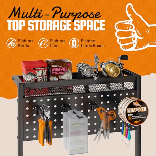 Fishing Rod Holders for Garage with Pegboard & Metal Mesh Basket