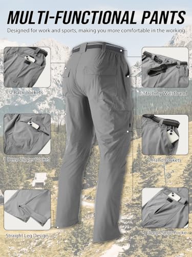 Men's Hiking Cargo Work Pants Lightweight Quick Dry Water Resistant 6 Pockets Fishing Camping Outdoor Stretch Pants Lightgrey (Medium / Lightgrey)