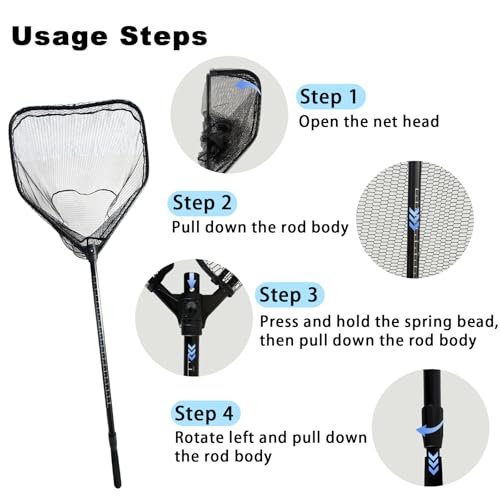 78.5In Large Fishing Net with Handle Fish Landing Net Telescoping Coated Rubber Net Folding Collapsible Extendable Gifts for Men (DWK=01)