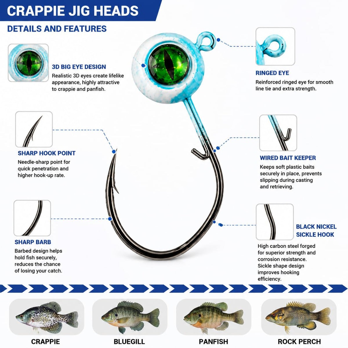 Jig Heads Fishing Hooks Kit with 3D Eyes Multi Size for Bass Panfish Lures (70pcs-1/32oz,1/16oz,1/8oz,3/16oz)