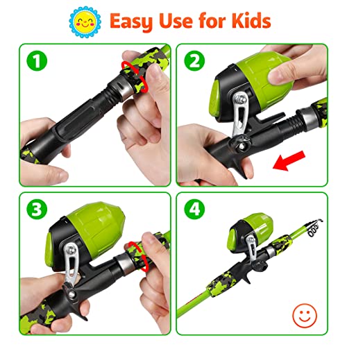 Kids Fishing Pole with Spincast Reel Telescopic Fishing Rod Combo Full Kits for Boys (Green / 5FT / 1.5M)