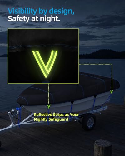 1200D Bass Fishing Boat Cover Waterproof with Reflective Strips (Black / For 17'-19' Length, Beam Width up to 96")