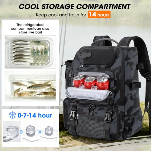 Fishing Backpack 40L Tackle Backpack with Rod Holders & Cooler (Camouflage)