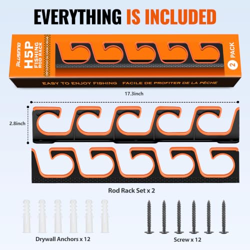 H5P Fishing Rod Holders for Garage Wall (Orange / 2 Pack holds up 10 rods)