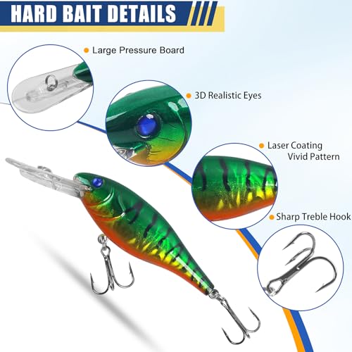 Crankbait Fishing Lures Hard Bait Shallow Diving Crank Bait Lifelike Swimbait Lures for Bass Walleye Pike Freshwater Saltwater Fishing Lure (A-10pcs-3.7in/0.36oz)