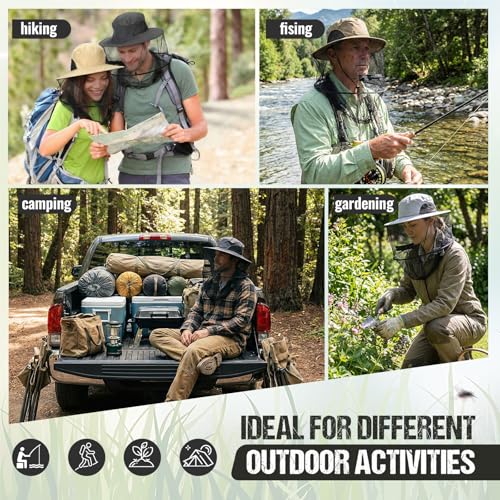 4 Pcs Mosquito Net Hat Sun Hat Mesh Fishing Bucket Cap Garden Bug Cap Face Cover with Zipper for Men Women (Light Gray, Beige, Dark Beige, Dark Gray)