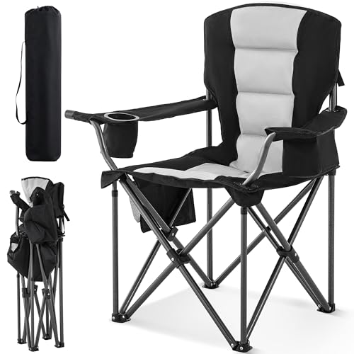 Portable Camping Chair for Adults Heavy Duty 450LBS Thick 600D Oxford Fabric Outdoor Oversized Camping Chairs with Cup Holder and Ice Bag for Sports (Black & Light Gray)