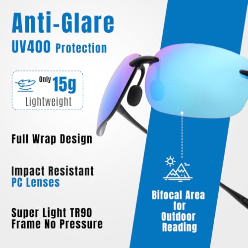 Lightweight Wrap Around Fishing (Black Frame/Ice Blue Lens / +2.00 Bifocal)