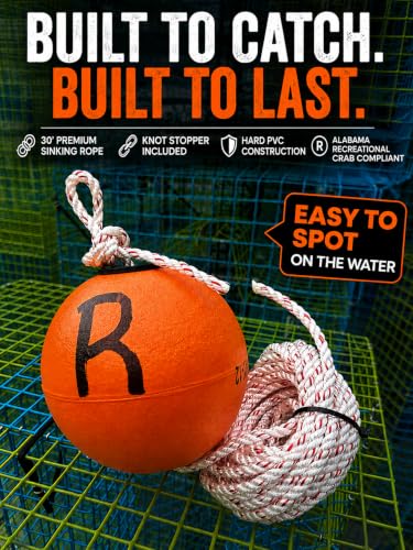 Orange w/R (Alabama Compliant) 6" PVC Fishing Marker Buoy - Crab Trap, Crab Pot & Lobster Trap Float with 30' Sinking Rope & Knot Stopper - 2 Pack (6" / Orange w/ R (Alabama Compliant))