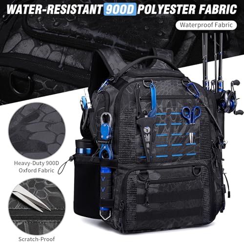 Fishing Tackle Bag with 2 rod holders & 4 Tackle Boxes (Black Camo（4 Tackle Boxes Included）)