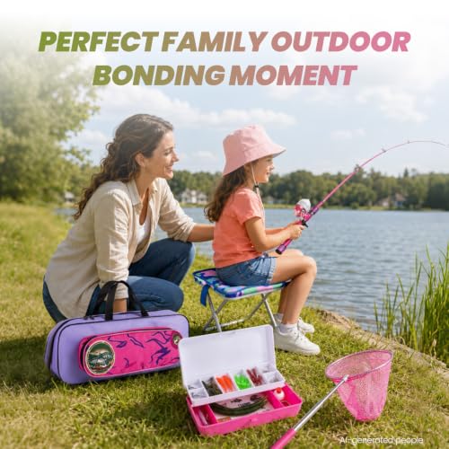 Kids Fishing Pole (Pink & Green / 3.94-ft Set + Chair + Hat)