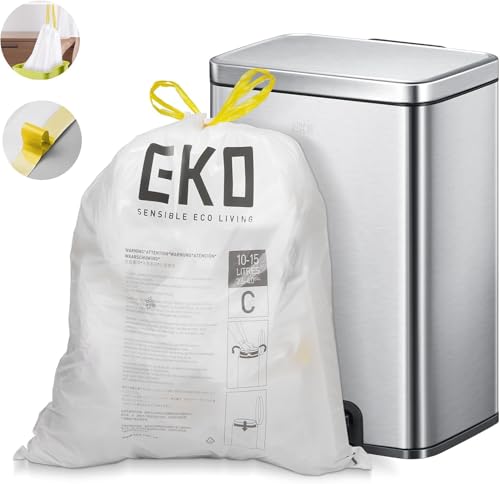 4 Gallon / 10-15 Liter, 80 Count Small Drawstring Trash Bags, Extra-Strong Unscented Garbage Bags, Easy-Dispense Roll for Kitchen & Household Use, Resists Tears, Leaks and Punctures, Code C, White (80 Count (Pack of 1) / 4 Gallon Bags/Code C)