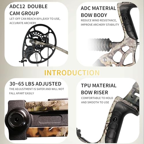 30 65LBS Compound Bow、Bow Fishing Combo Kit、Fishing Bow and Arrow with Reel (camouflage)