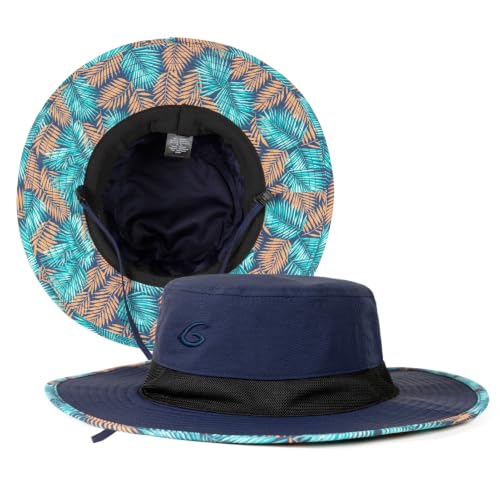 UvCoolix™ Cooling Sweatband Bucket Sun Hat Wide Brim UV Protection Outdoor Beach Hiking Lightweight Breathable Waterproof Boonie Extra Space for Large Heads (X-Large-XX-Large / Navy-palm)