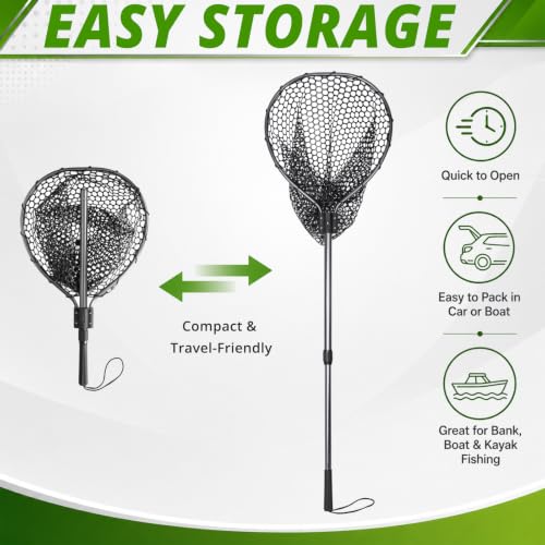 Fishing Landing Net with Telescopic Handle & Rubber Mesh
