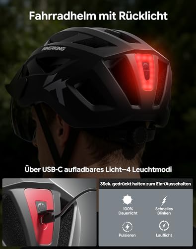 Adult Bike Helmet Rear Light & OTG Magnetic Goggles for Men Women (Black / Large)