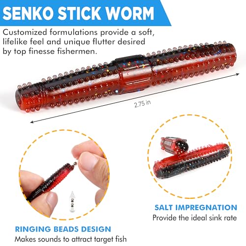 Ned Worms Bass Fishing Lure Kit (44PCS Stick Worms Ned Rig Kit)